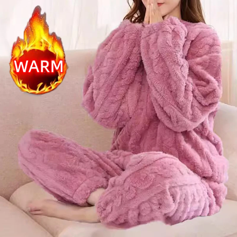 Women\'s Pajamas Set Winter Sleepwear O-neck Loose Long Sleeve Top Elastic Waist Leg Pant Sets Trousers Plus Size Matching Sets