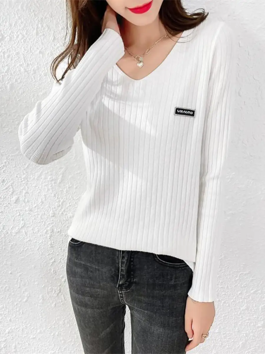 

New Women's Loose Knitted Sweater V-Ne Casual Versatile ort Sle Autumn mat Pure Color Match All Seasons Long Sve