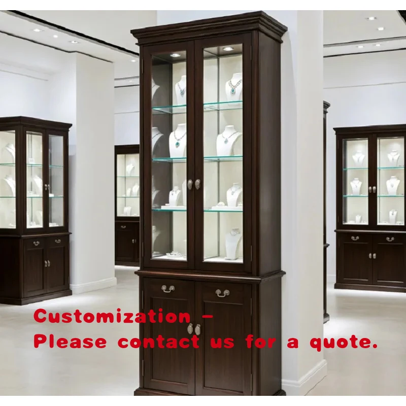 

custom.Classic Solid Wood Tall Jewelry Display Cabinet with LED Lighting | Dark Walnut | Retail Store & Mall Showcase Sto