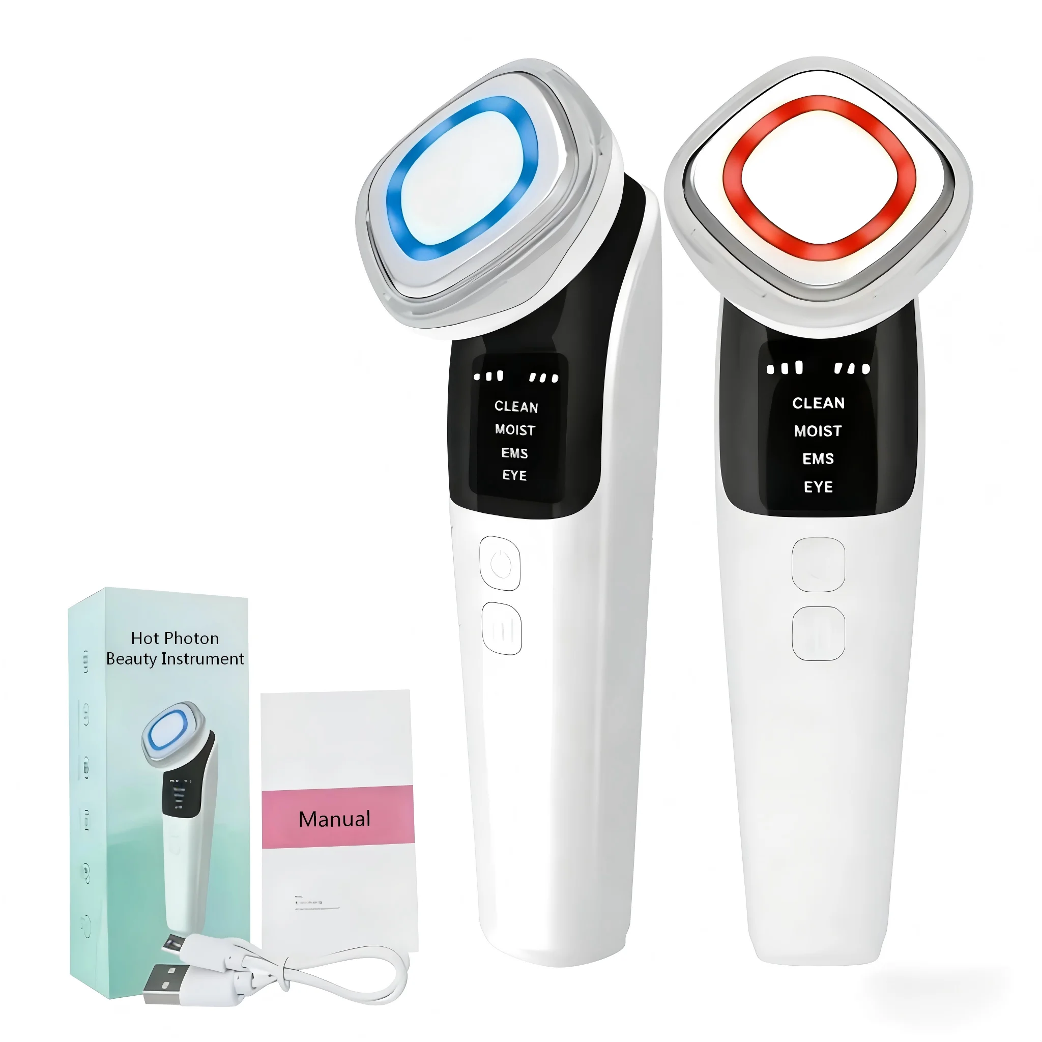 Urządzenie do liftingu twarzy 4 w 1 z mikroprądami i ciepłym fotonem, masażer do twarzy, oczu i szyi z czerwonym i niebieskim światłem, narzędzie do pielęgnacji skóry, ujędrniające skórę.