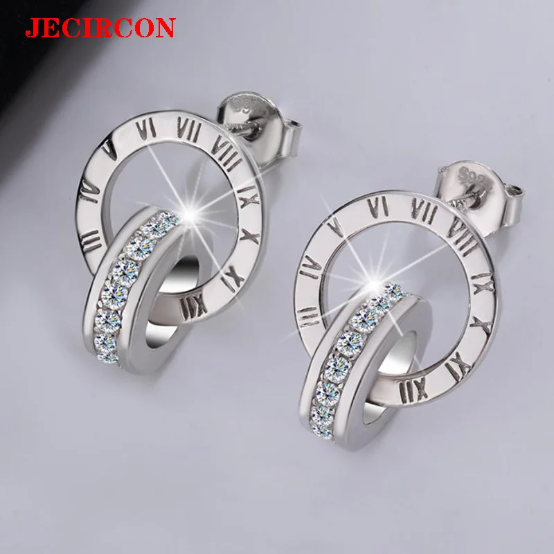 

JECIRCON S925 Sterling Silver Earrings Roman Numeral Double Hoop Studs with Full Moissanite Stones Trendy Light Luxury Jewelry