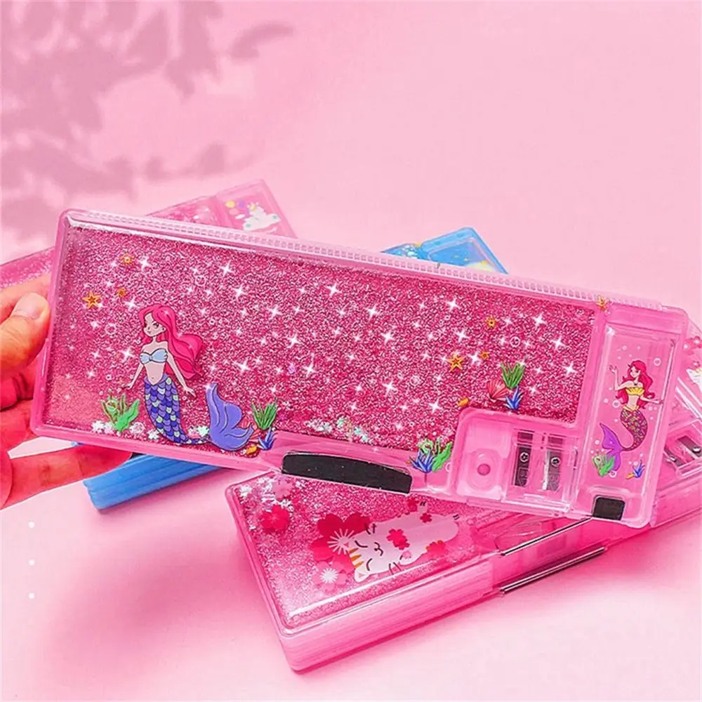 Girls Large-capacity Quicksand Pencil Case Cartoon Mermaid Stationery Box Pink Pencil Box School Supplies