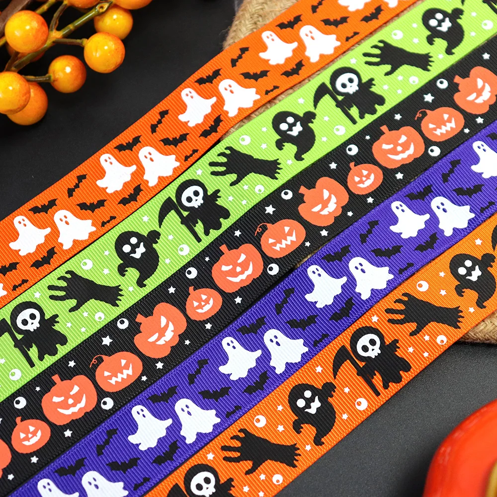 25mm 38mm Glow In The Dark Halloween Spider Web Bat Ghost Pumpkin Printed Grosgrain Ribbons For Hair Bows DIY Handmade Materials