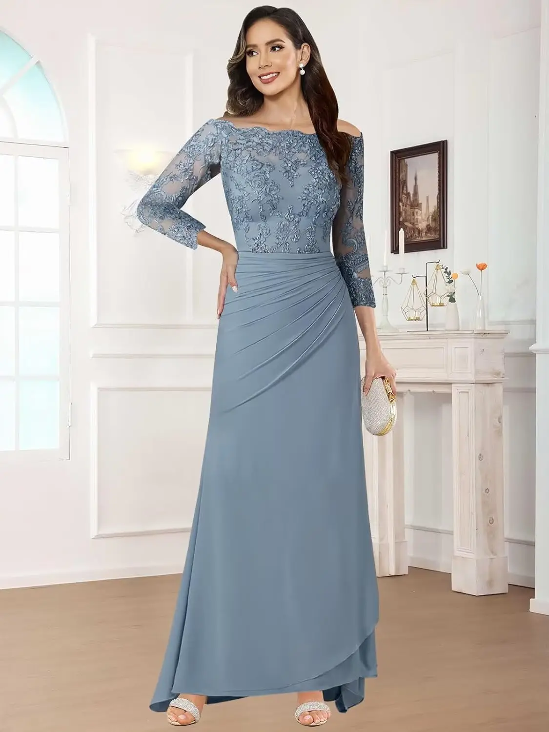 فساتين أم العروس للنساء من الشيفون والدانتيل، فستان رسمي طويل مكشوف الكتفين بأكمام