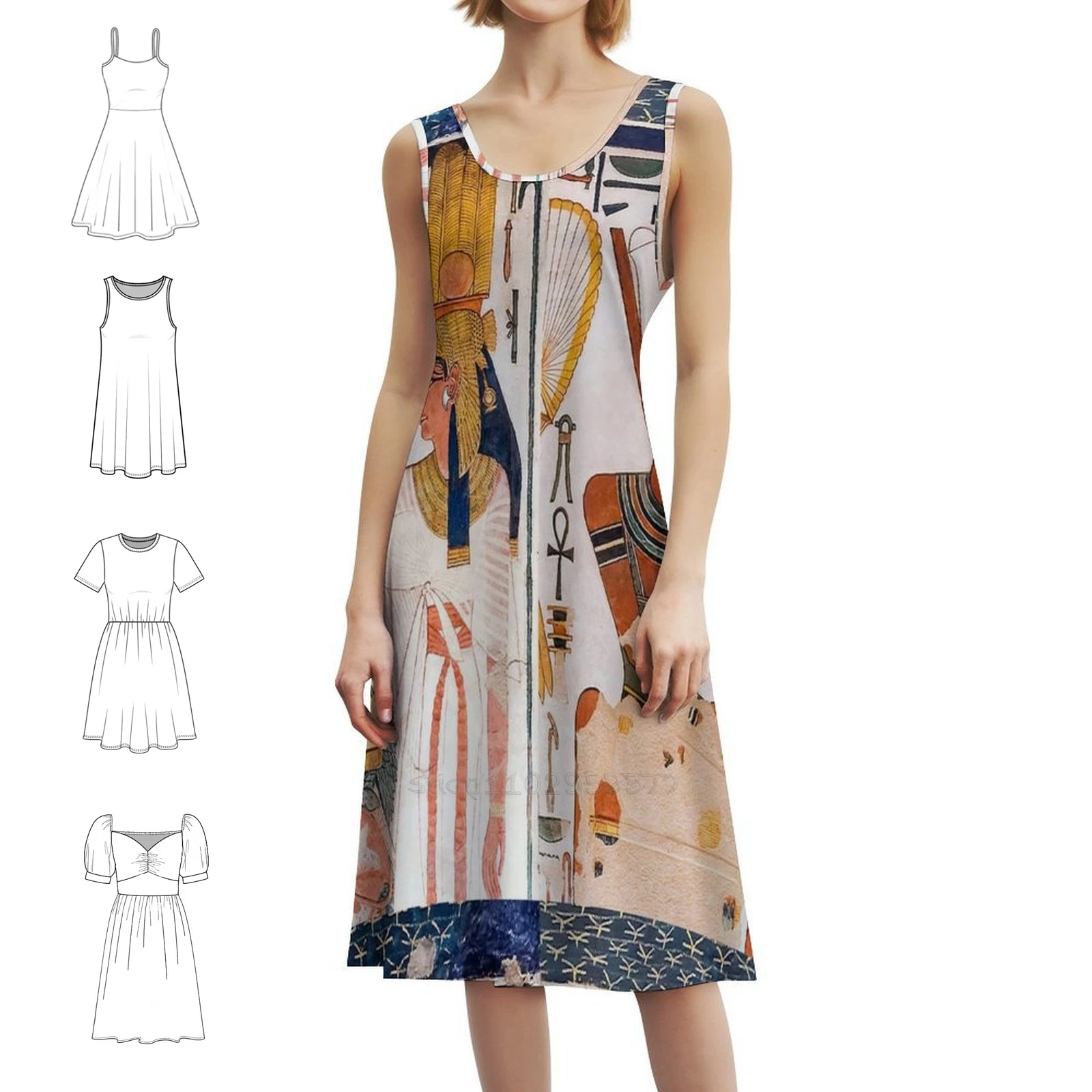 فستان Nefertari Tomb Wall العتيق البوهيمي بأكمام منتفخة أو خيارات بدون أكمام للنساء فستان Nefertari مقبرة مصرية المصرية