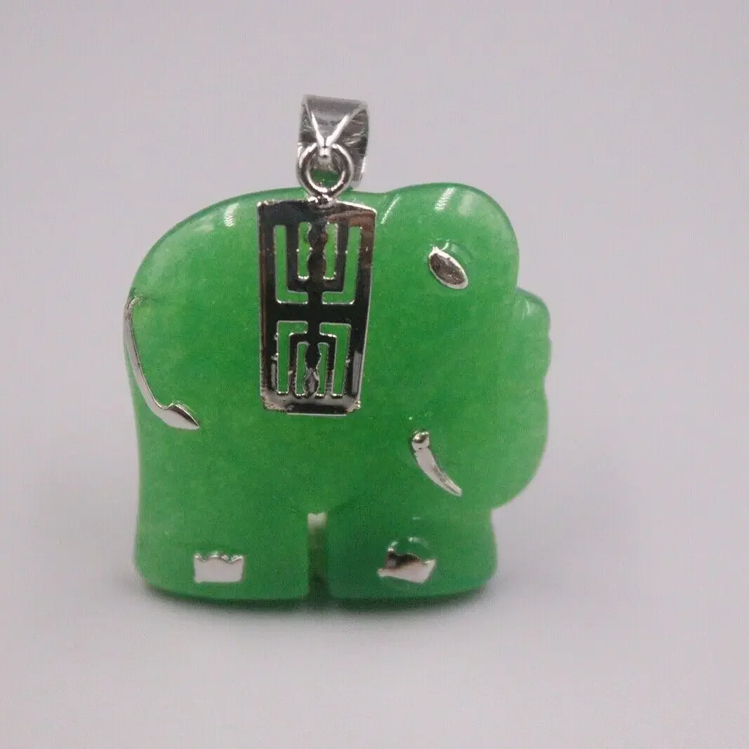 

New 18K White GP with Green Jade Elephant Pendant 1.18inch H
