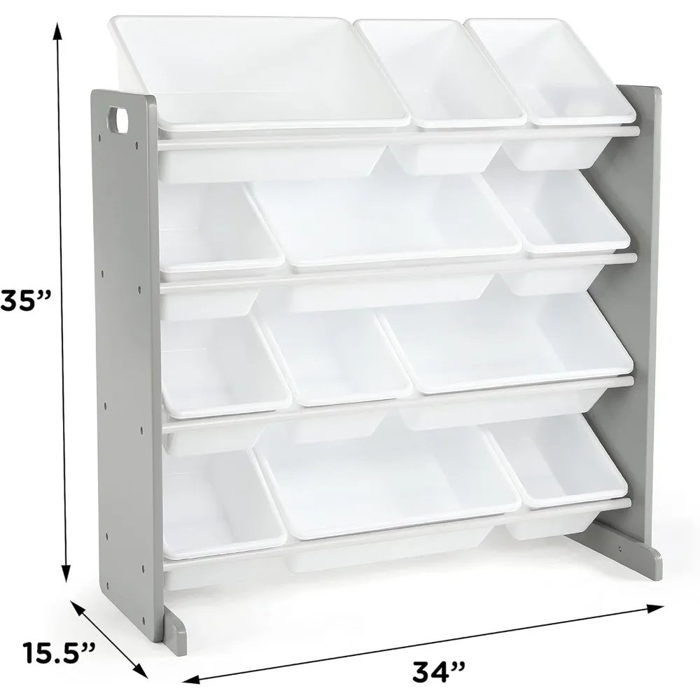 

Kids Toy Storage Organizer with 12 Removable Plastic Bins Grey White Toy Shelf for Playroom Bedroom Boys Girls Toddler