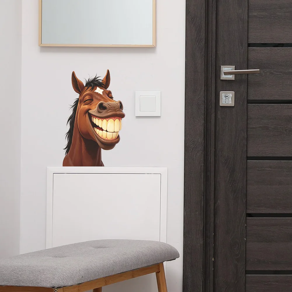 Funny Grinning Horse Wall Decal Removable Vinyl Cartoon Horse Head Wall Sticker for Living Room Bedroom Home Wall Art Decor