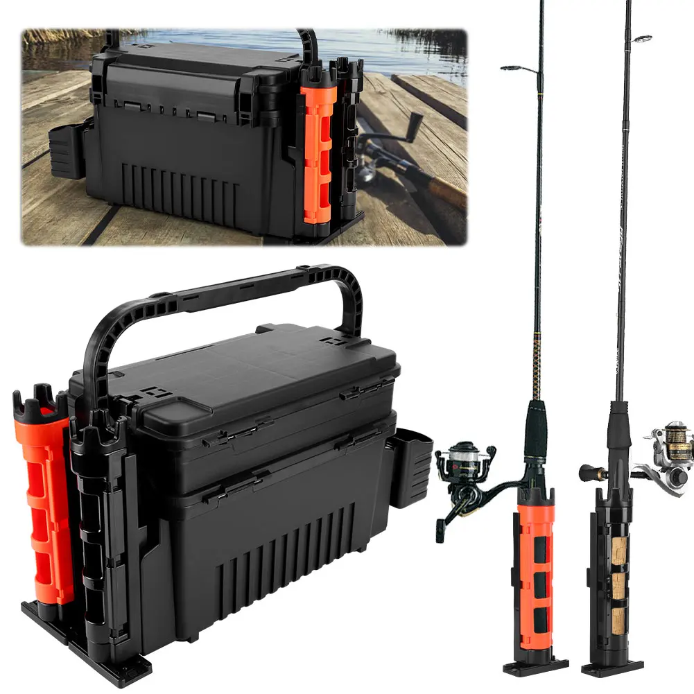

2 Tier Fishing Tackle Box Fishing Gear Box with Cup & Rod Holder Fishing Box 11 L Fishing Tool Box Adjustable for Fishing Lovers