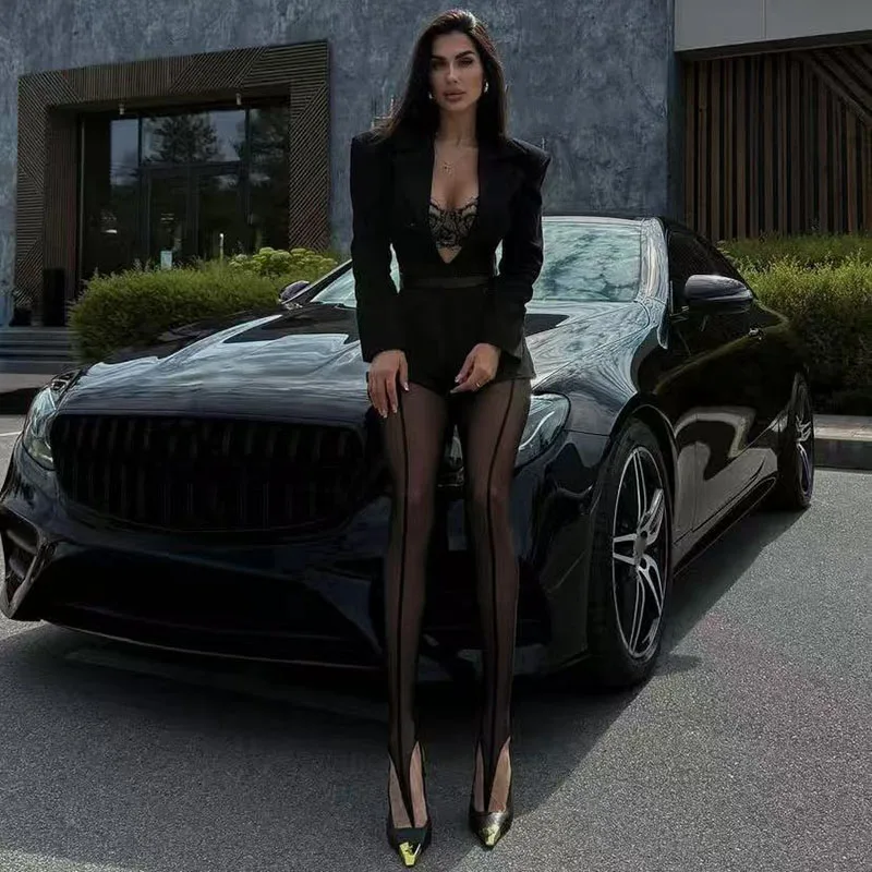 

Индивидуальные асимметрии, женские колготки с открытыми бедрами, тонкие черные модные сексуальные колготки с вертикальной линией