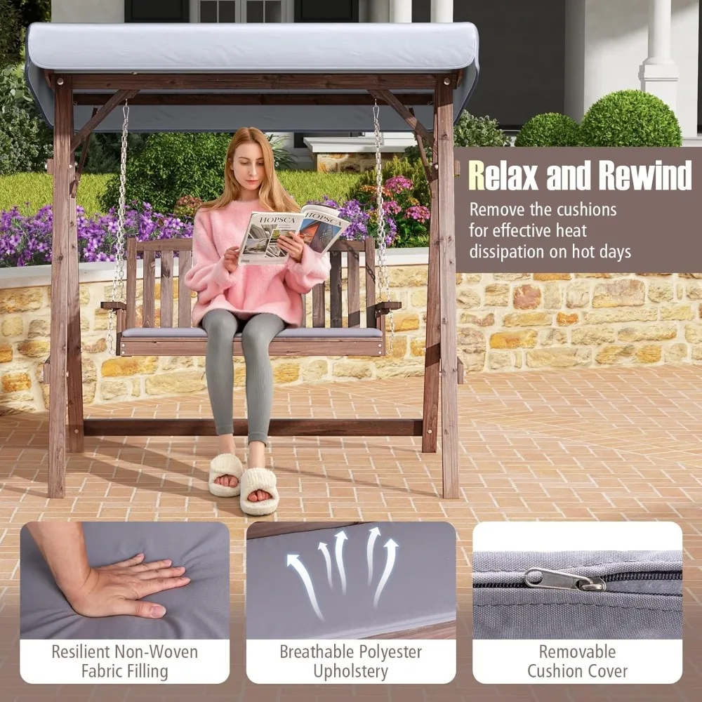 木製ポーチスイング、2人用Aフレーム屋外スイング、調節可能なキャノピー、クッション、アームレスト、調節可能な吊り下げチェーン付き