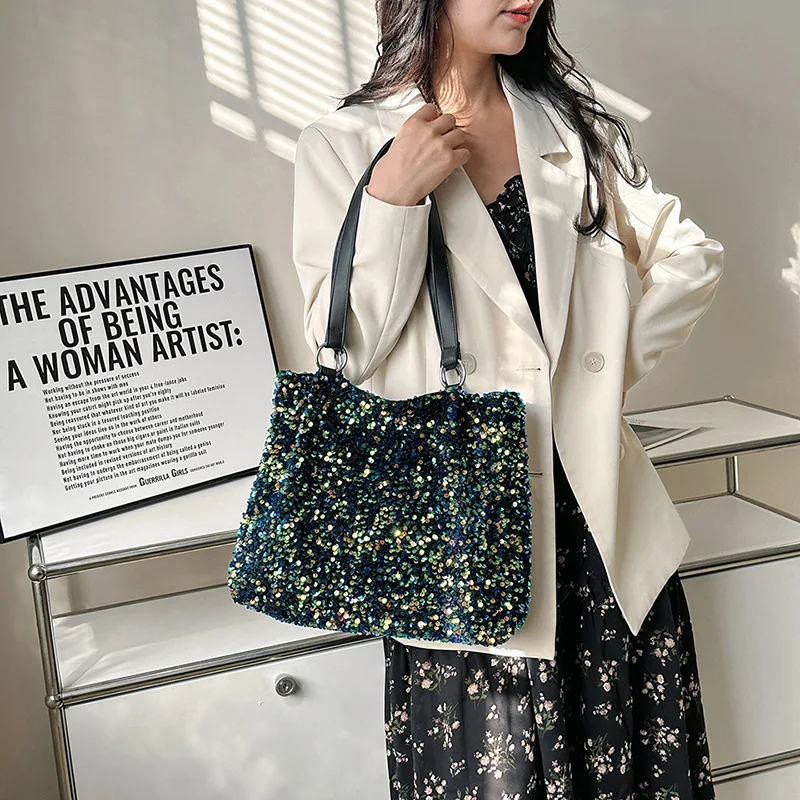 Fashion Large Capacity Women's Handbags PU Leather Commute Underarm Shoulder Bag Shopping Sequined Bling Top-handle Bucket Bag