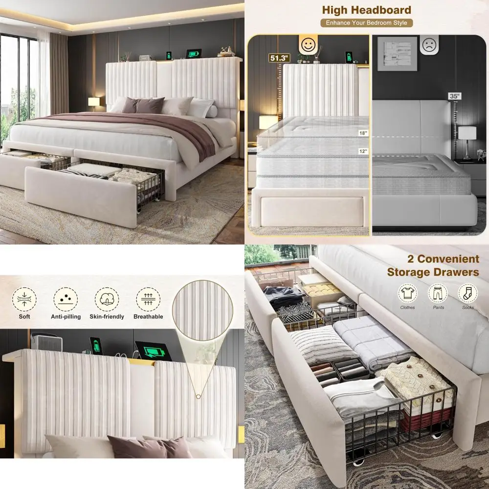 

King Size Bed Frame with Velvet Storage Headboard, 2 Large Drawers & 3 Charging Ports, 51.3" Tall King Bed Frame, Sturdy Wood Sl