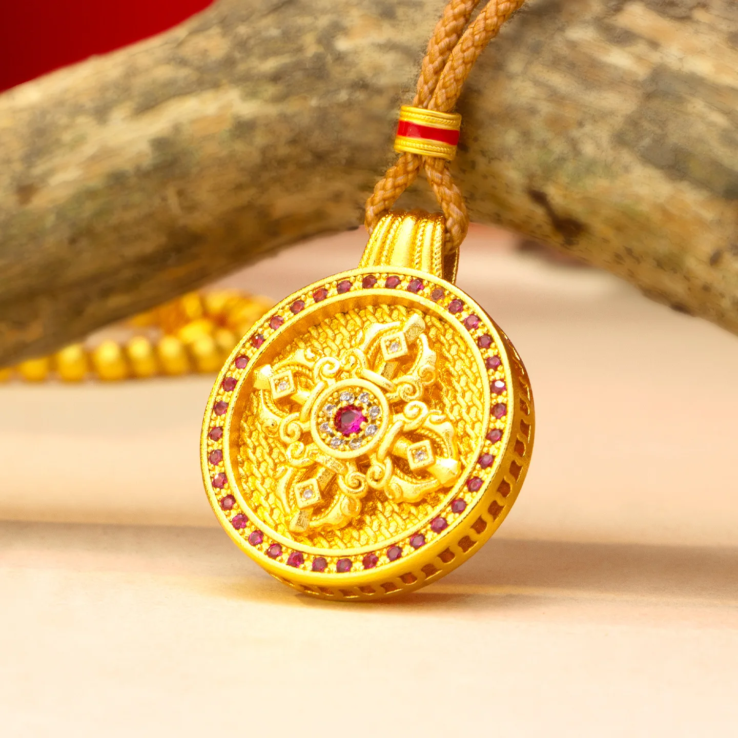 Luxurious 9999 24K real gold rotatable red stone vajra compass necklace high-end retro female pendant