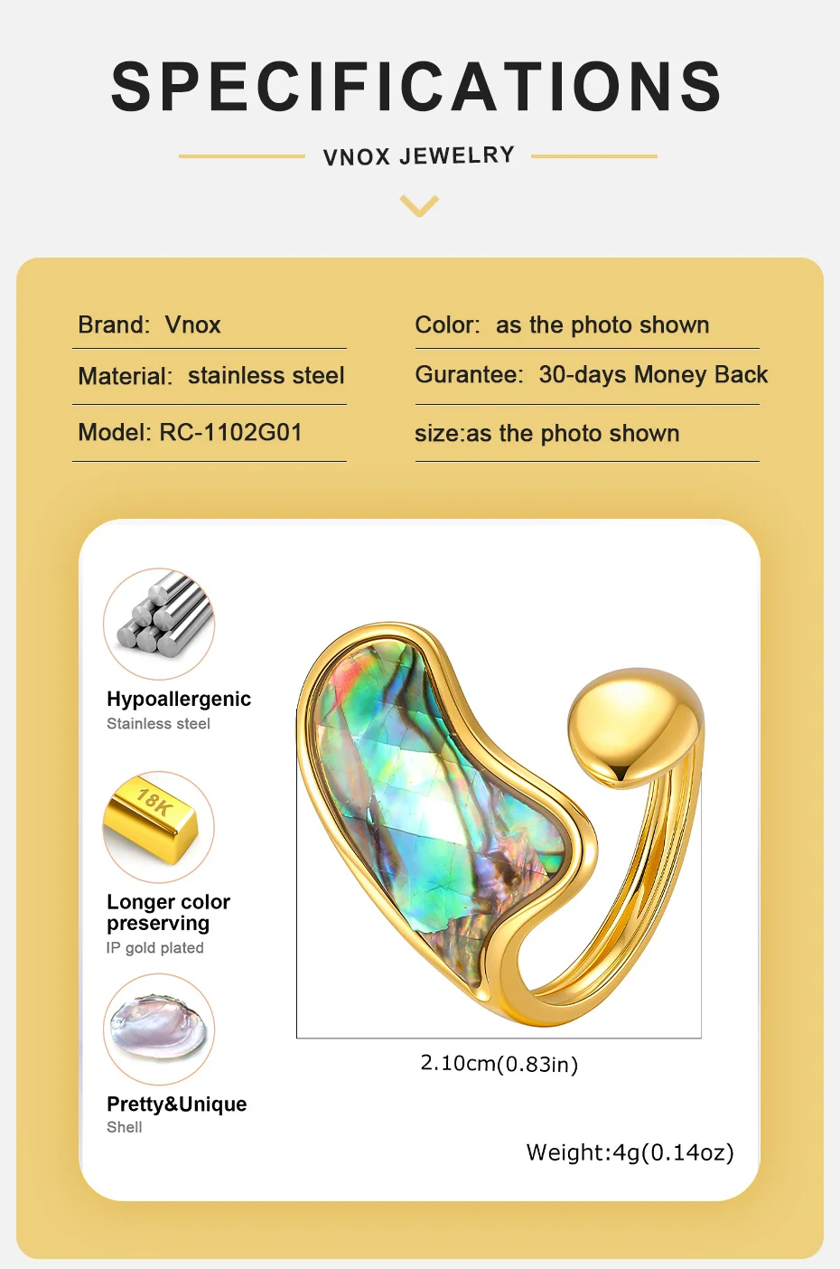Vnox Mehrstiliger Unregelmäßiger Geometrischer Abalone-Muschel Offener Ring für Frauen, Goldfarben, Edelstahl, Boho-Strandschmuck – Detail 5
