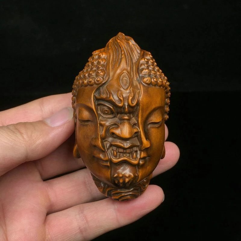 Hand Carved Wood The devil and the Buddha Statue Figurine Desktop Ornaments Home Decoration Crafts Tea Pet Decor