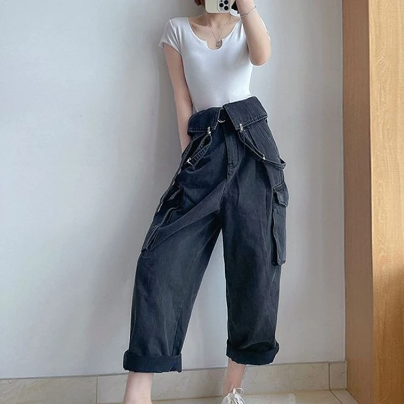 

Workwear Style Women Wide Leg Denim Overalls Fall New High Waist Straps Jumpsuit Fashion Design Retro