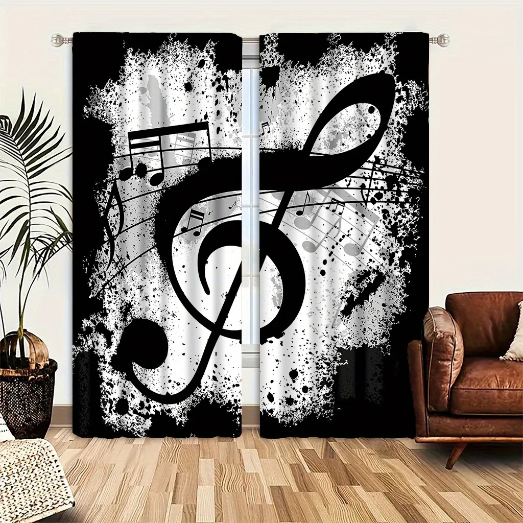 Black and White Music Note Curtain Panels for Living Room Jazz Concert Style Window Drapes