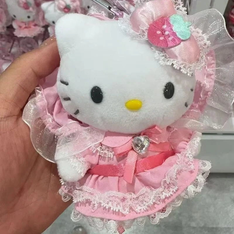Sanrio hello kitty morango rosa preto renda lolita empregada roupa arco coração forma fivela chaveiro mochila zíper acessório presente