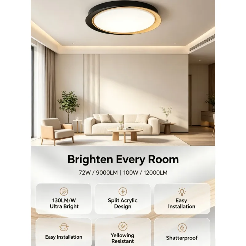 Ultra Bright LED Ceiling Light 72W 100W High Efficiency Split Acrylic Design Shatterproof Yellowing Resistant Easy Installation