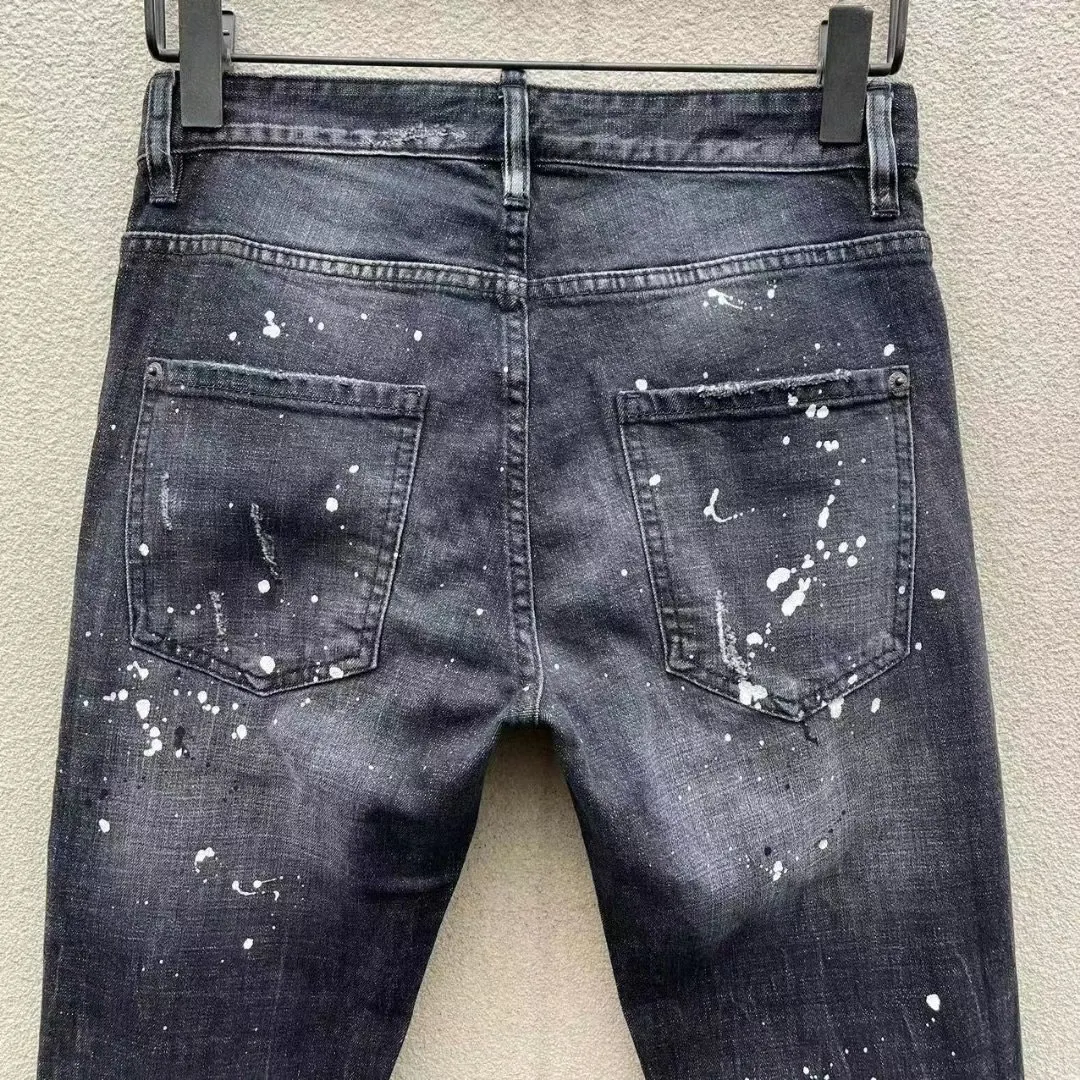 100 chareiharper c051 Men\'s skinny Skinny jeans Ripped Fabric Non-stretch Paint Splash vintage jeans