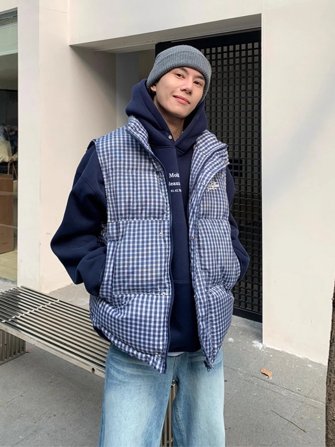 

Blue Plaid Cotton Vest ex Thiened Autumn Winter Outerwear No Sve Layering Clothing Youth Faion Loose Fit Zipper Cl...