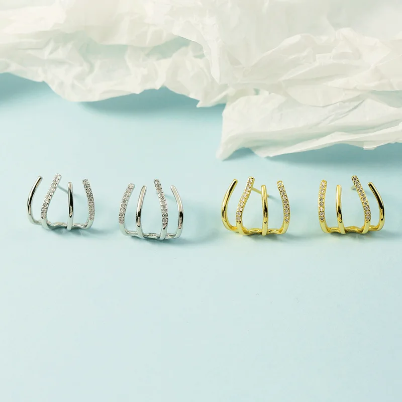 New Fashion Geometric Multi-Layer Stud Earrings For Women Shiny Micro Crystal Paved Tiny Golden Ear Piercing Jewelry Accessories