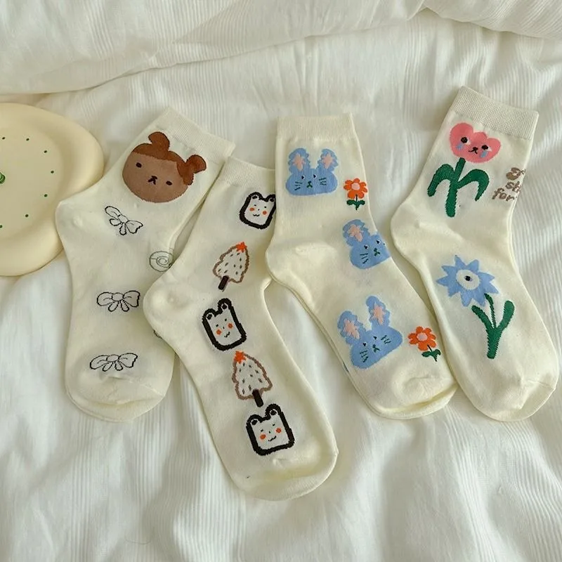 1/6 Pairs Cute Cartoon Hand-painted Smiling Face Women's Long Socks in Spring and Autumn College Style Sweet Girl Mid Tube Socks