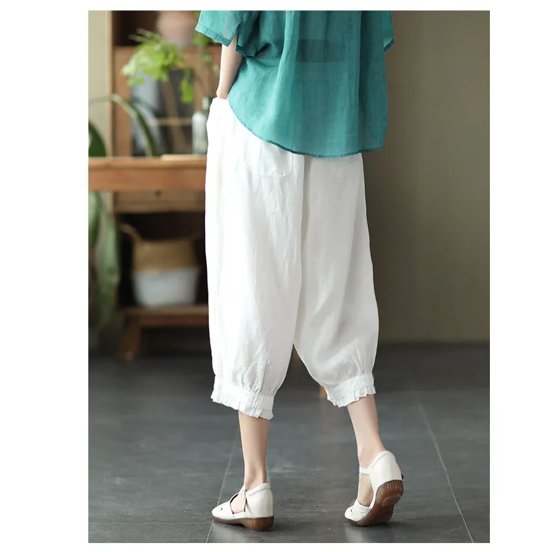 Linen Spring Summer Lady Capri Pants Lace Loose Show Thin Haren Pants Solid Color Everything Matching Large Size 5XL Comfortable