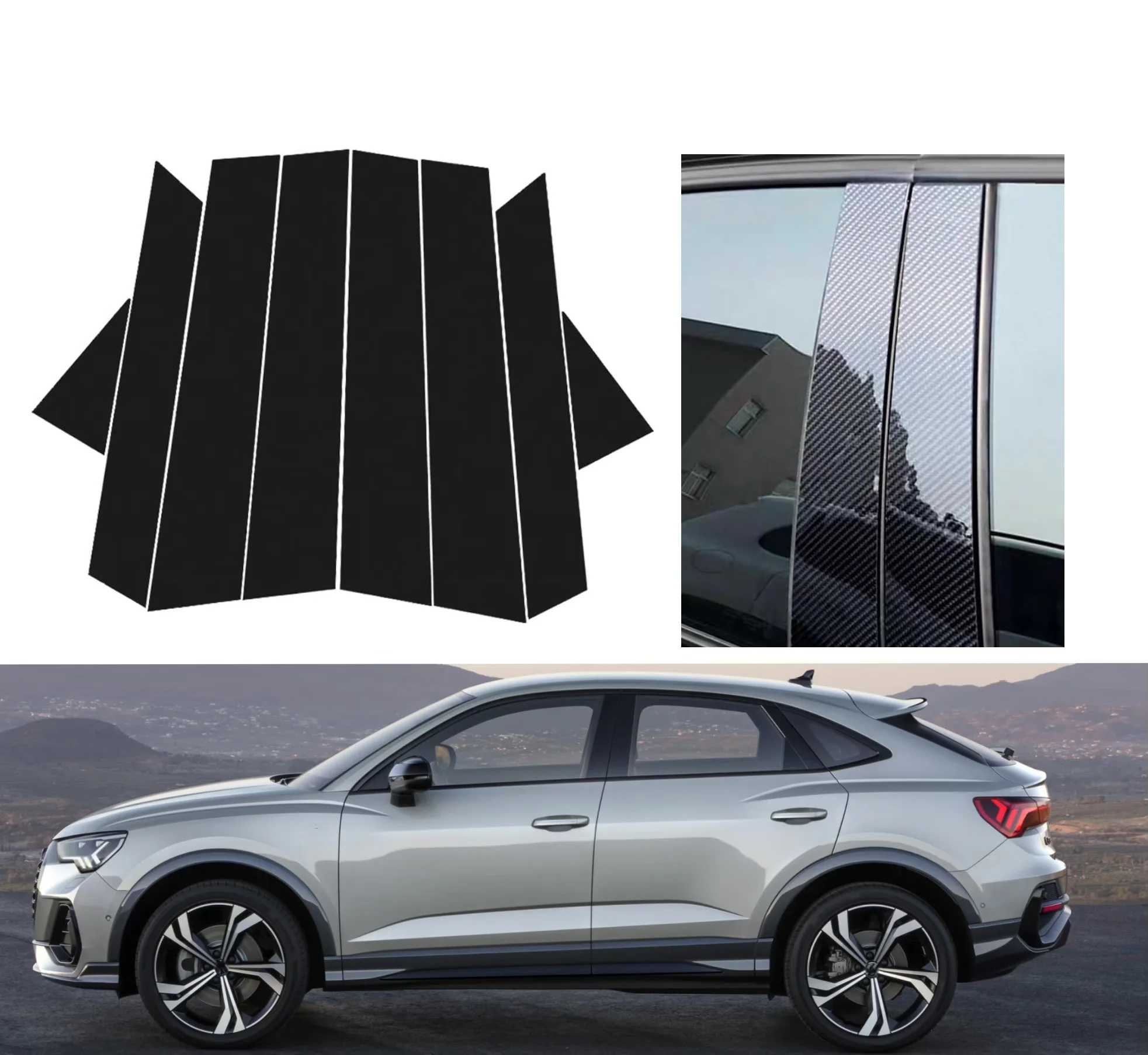 

Glossy Black Silver Carbon Pillar Post Fit For Audi Q3 SUV F3 MK2 2019-2023 2020 2021 Door Window Column BC Trim Sticker Cover