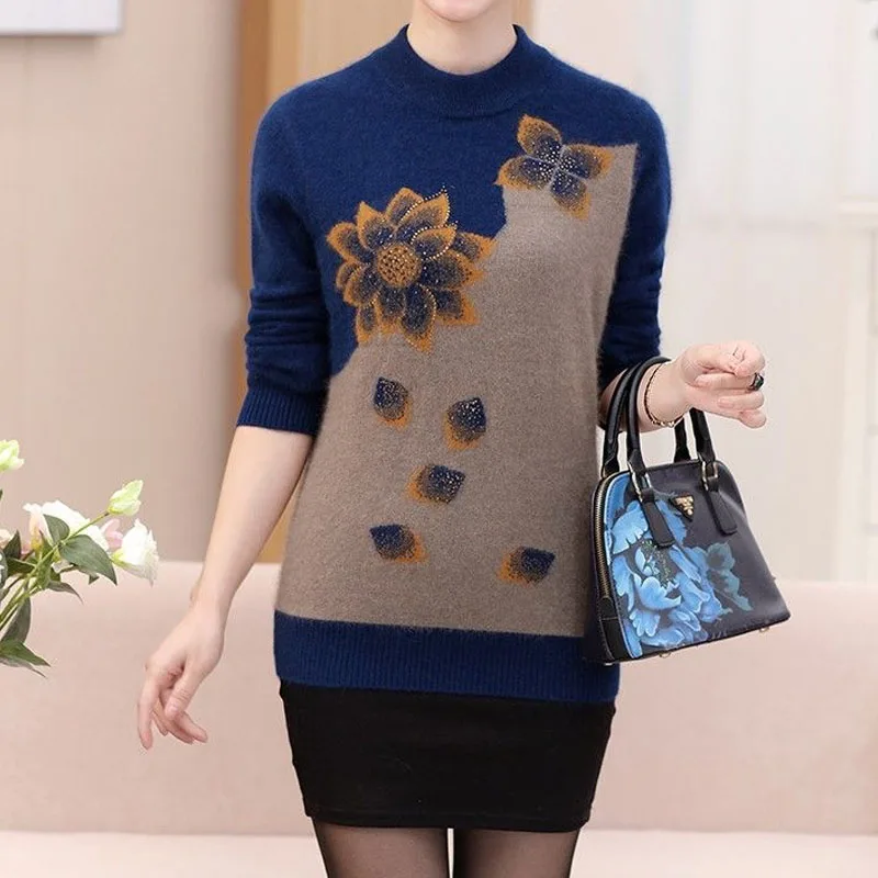 Autumn Winter Floral Pattern Thick Knitted Round Neck Sweaters Elegant Women\'s Clothing New Fashion Diamonds Long Sleeve Jumpers