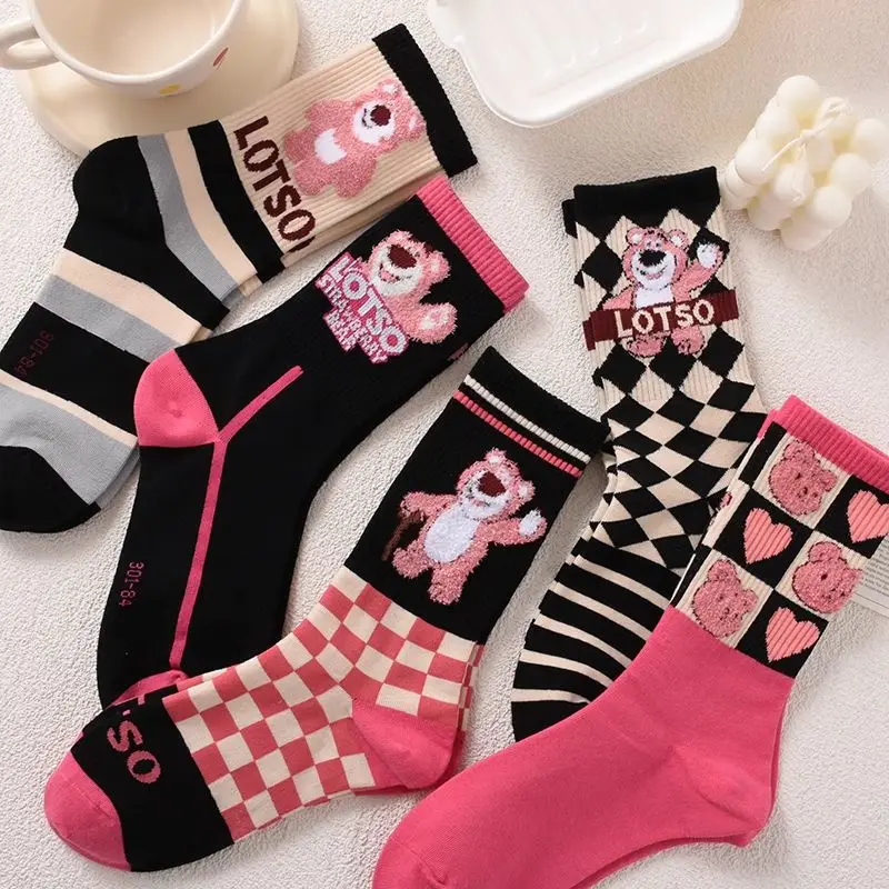 5/10pcs Miniso for Disney Lotso Kids Socks Kawaii Spring and Summer Cartoon Children Mid-calf Socks for Girls and Boy 3-12 years