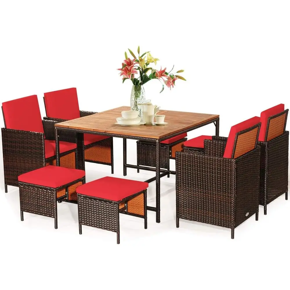 

Компактный обеденный набор для патио из акации: 9 плетеных стульев и деревянный стол с отверстием для зонта для использования на открытом воздухе, в саду, на заднем дворе, у бассейна.