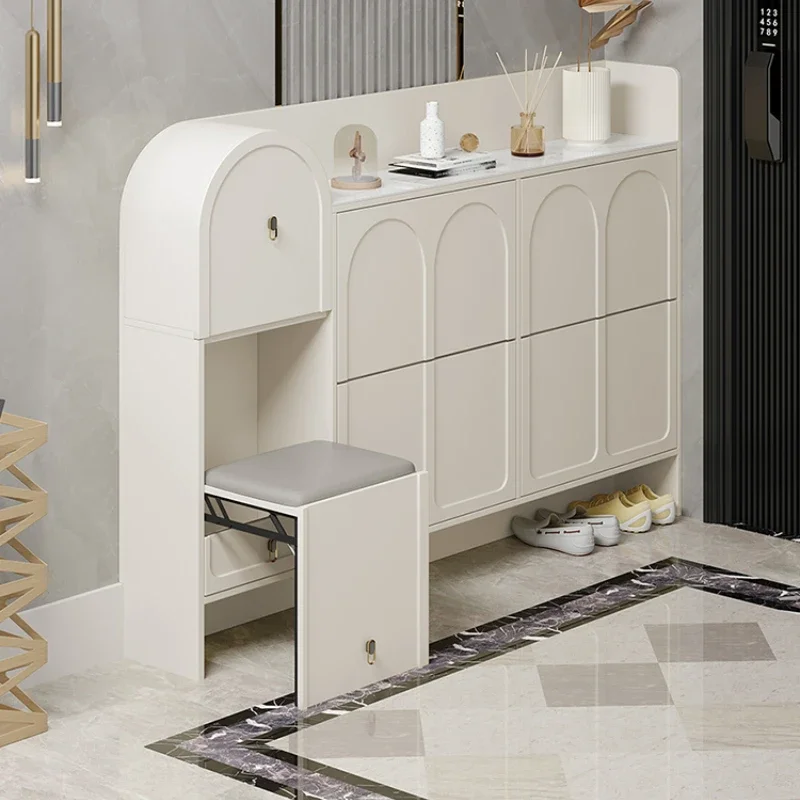 

Cream Style Ultra-Thin Tilting Shoe Cabinet 17cm Narrow Home Doorway Entrance Shoe Cabinet with Stool