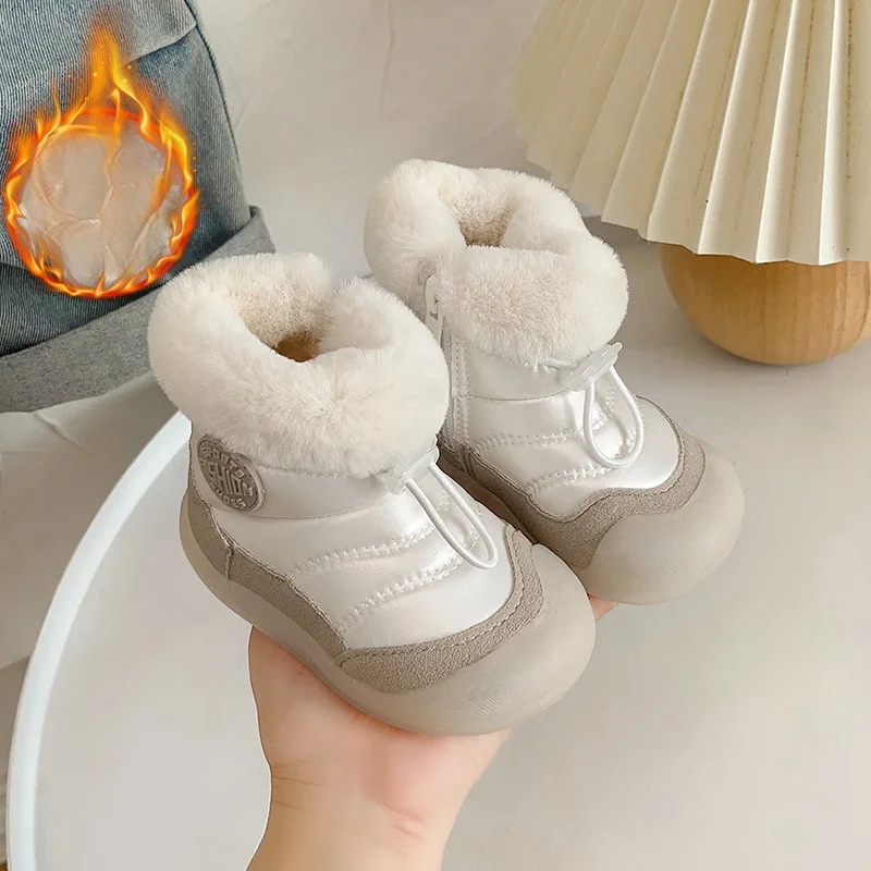 

Kids'Casual Boots Toddler PU Leather Shoes Winter Shoes For Children Warm Anti-slip Soft Bottom Off-white Shoes Size 15-25