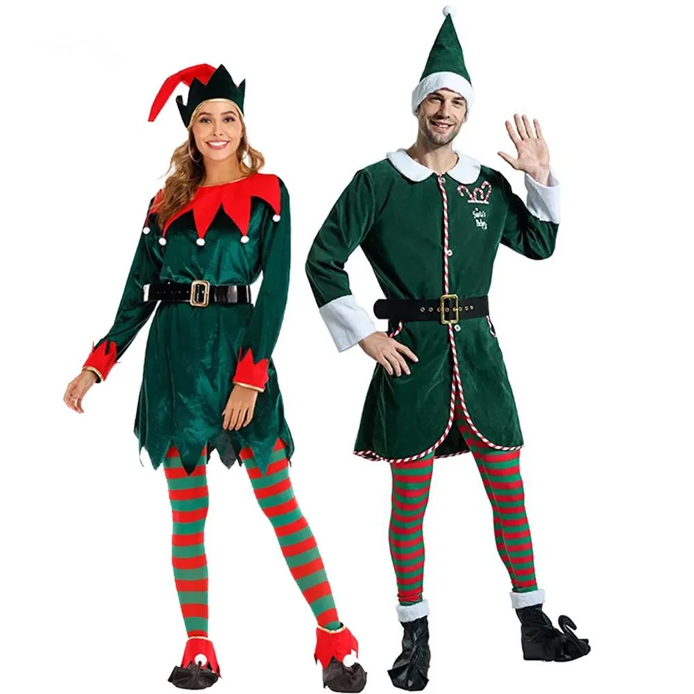 Eraspooky Deluxe Santa Claus Helper Cosplay Women Dress Green Christmas Elf Costume For Adult Xmas Workshop New Year Outfits Men