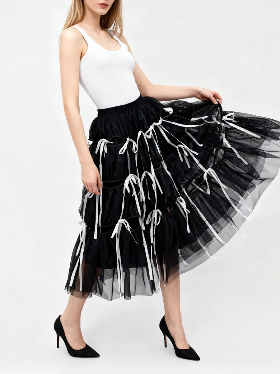 TWOTWINSTYLE Loose Spliced Bowknot Fashion Skirts for Women High Waist Patchwork Shirring Long Skirt Female Autumn Clothing New