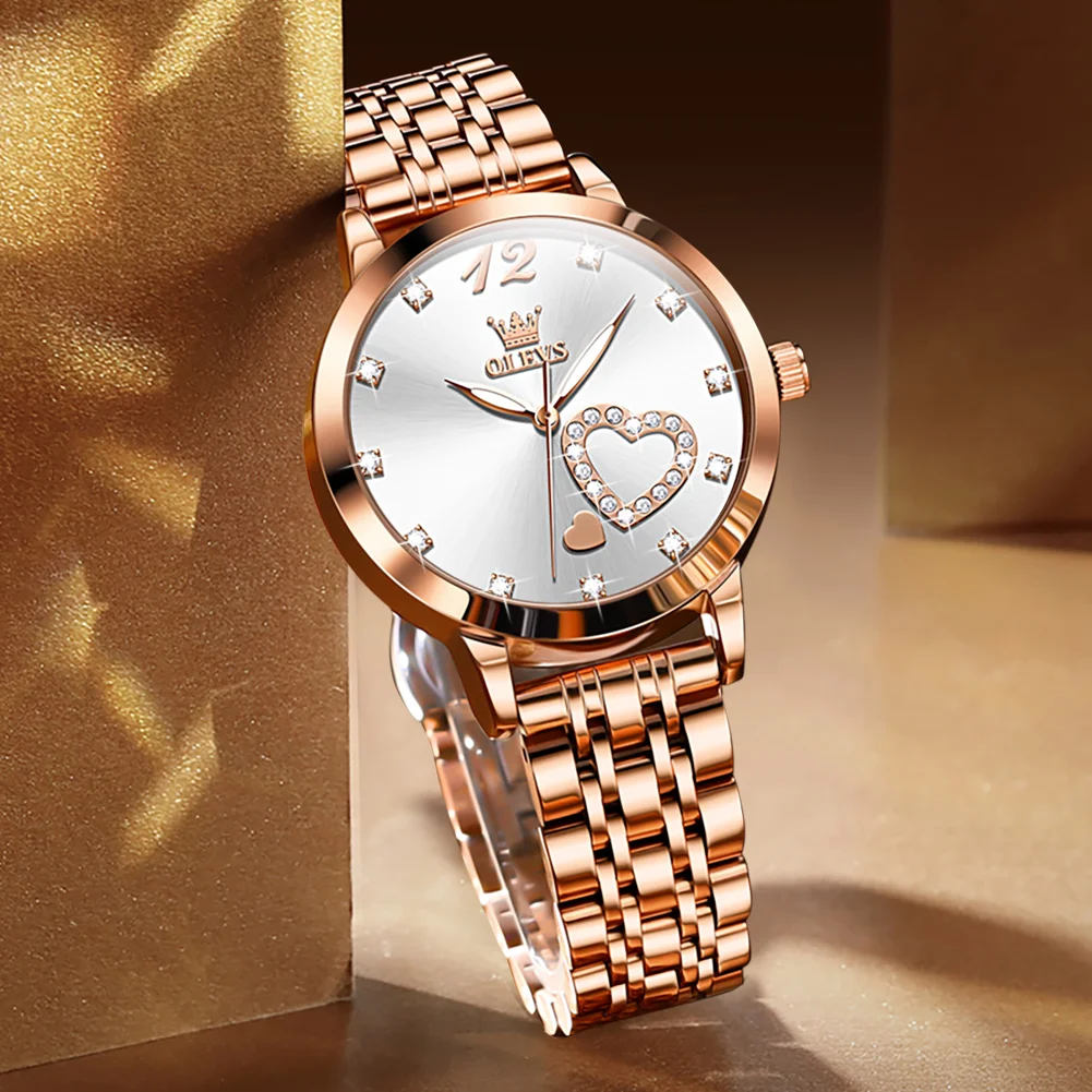 OLEVS Creative Love Dial Diamond Women Quartz Watches High Quality Rose Gold White Wrist Watches Ladies Waterproof Relogio
