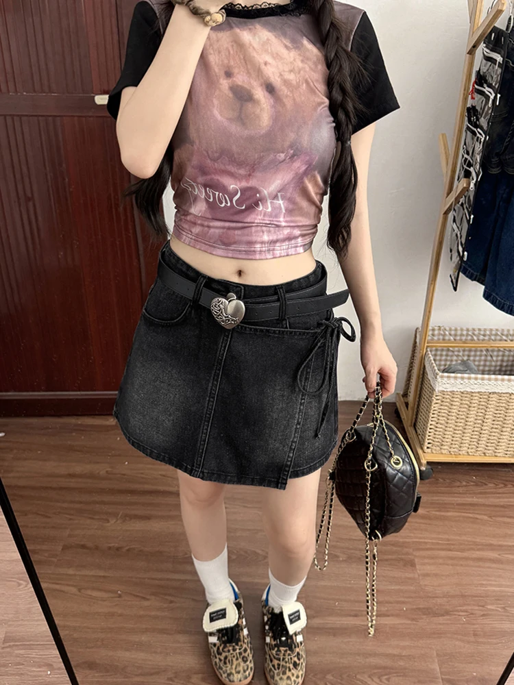 

2025 Autumn Winter Women Harajuku Gyaru 2000s College Mini A-line Skirt Kpop Asemetrical Design Y2k Coquette Gyaru Kpop Shoujo