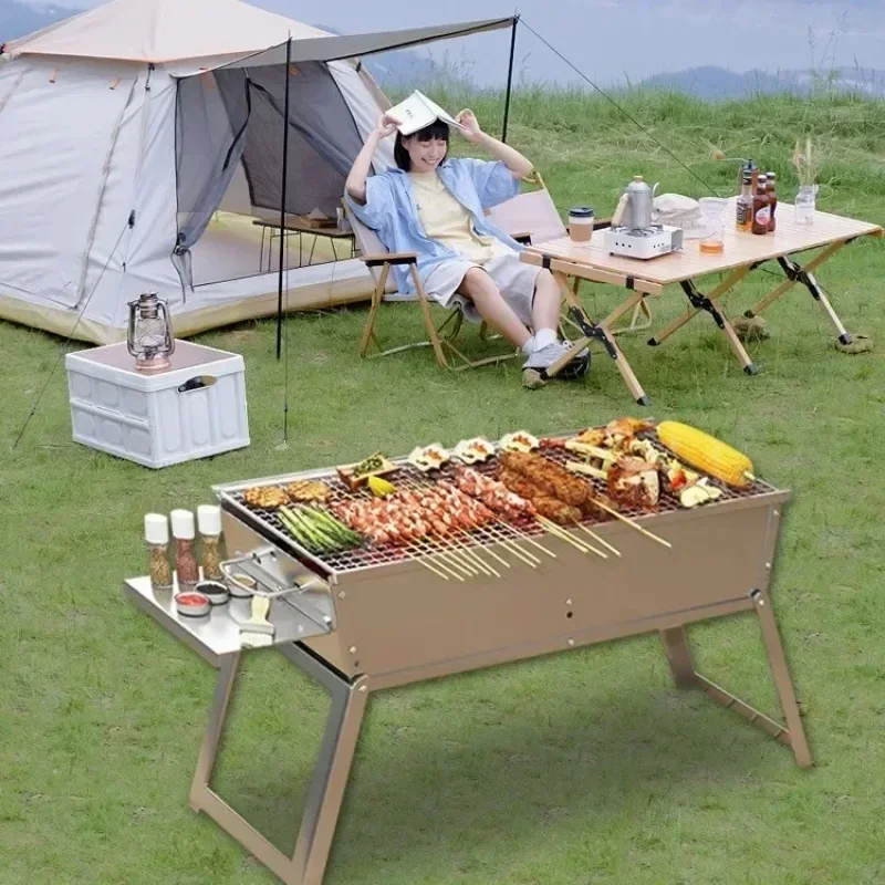 Outdoor Charcoal BBQ Stove Portable Home Folding Charcoal Stove Stainless Steel Wood-Burning BBQ Grill for Camping Picnic BBQ