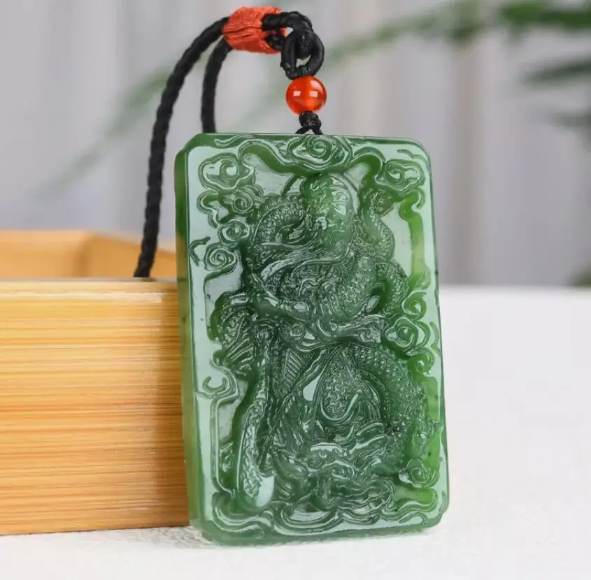 Chinese Natural Green HeTian Jade jasper jadeite Hand-Carved Pendant GuanGong