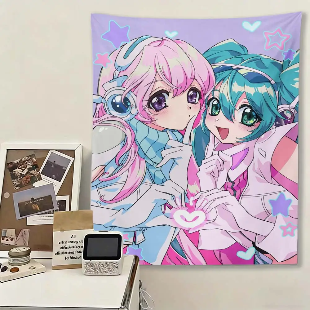 Kawaii Anime Girls Wandteppich, rosa-blauer Wandbehang im Y2K-Stil, niedlicher Hintergrundstoff mit Sternen und Herzen für die Dekoration von Schlafzimmern und Wohnheimen