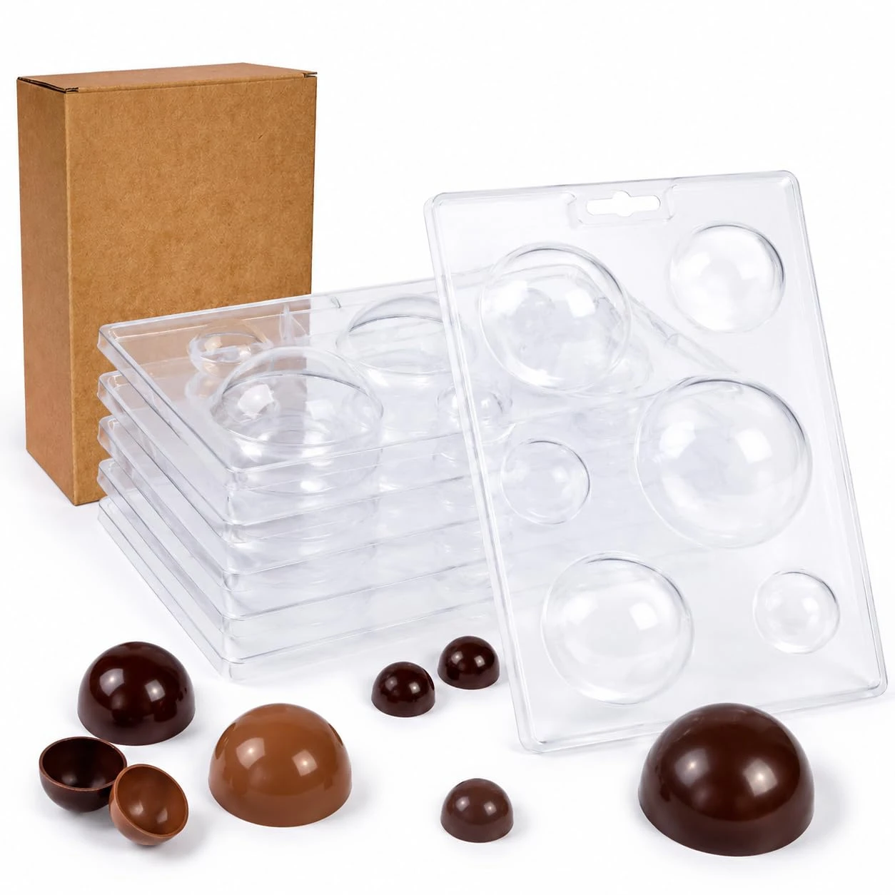 5Pcs Hot Chocolate Sphere Molds 3cm & 6cm Hemisphere Food Grade PET Clear with Kraft Box for Cocoa Candy Soap Making
