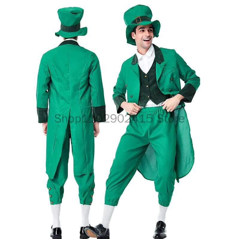 

Ireland St.Patrick Day Costume For Adult Kids Green Leprechaun Festival Outfit For Father Child Son Carnival Party Fancy Clothes