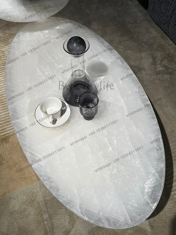 FG17Oval Glacier Stone Coffee Table Set, Italian Minimalist S White Jade Table, Heat Resistant & Translucent, Master Design