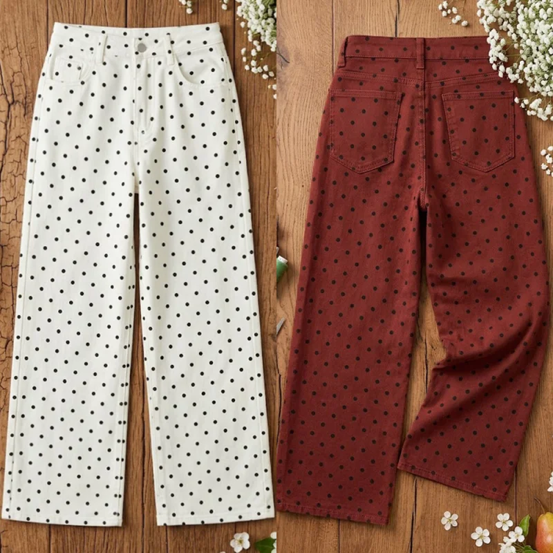 Retro Polka Dot Straight Leg Jeans High Waist Washed Wide Leg Denim Pants for Women 2026 New Fashion