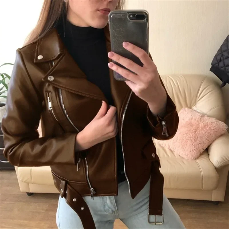 Women's Solid Color Fashion Fake Leather Jacket Long Sleeved Zippered  PU Motor Biker Jacket