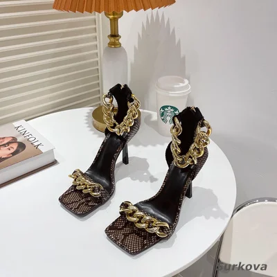 2023 Summer New Women\'s Shoes Fashion Square Sandals Snake Metal Chain High Heels Thin Heels Women\'s Sandals Single Shoes Pumps