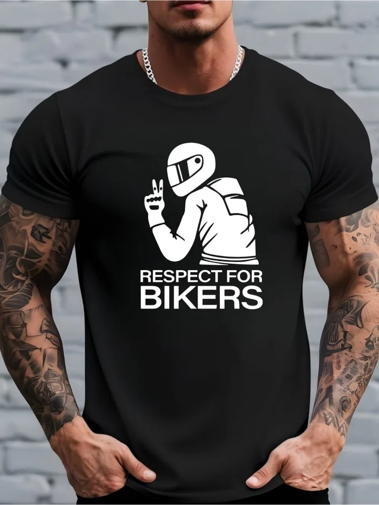 T-shirt d'été à manches courtes pour hommes, motif « Respect For Bikers », col rond, style motard, streetwear décontracté, haut quotidien pour hommes