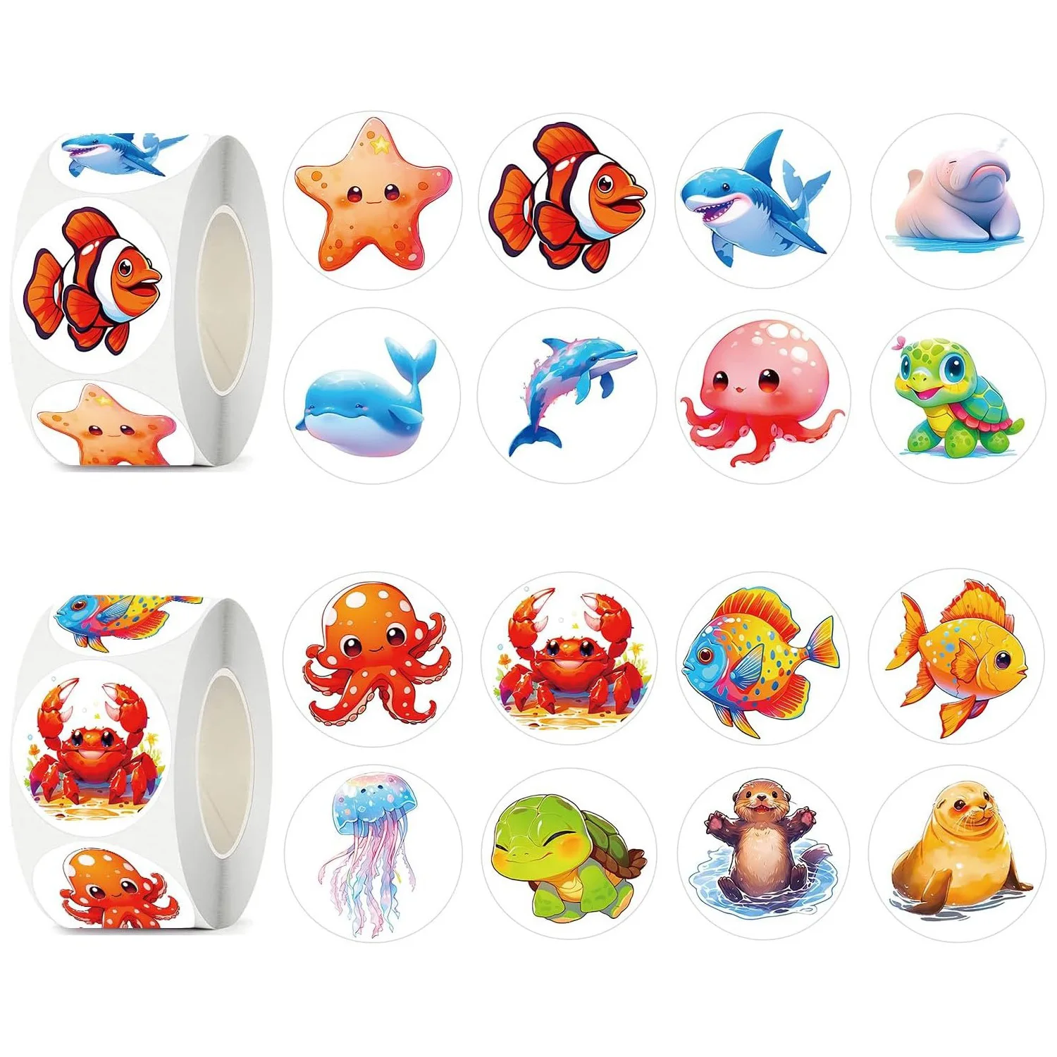 1000Pcs Sea Animals Stickers for Kids- 1 Inch Round Stickers Roll 16 Tyles Cartoon Ocean Life Kindergarten Sticker Teacher